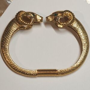 ​Vintage KJL for Avon Ram Head Clamper Bracelet Gold Tone Emerald Eyes Signed